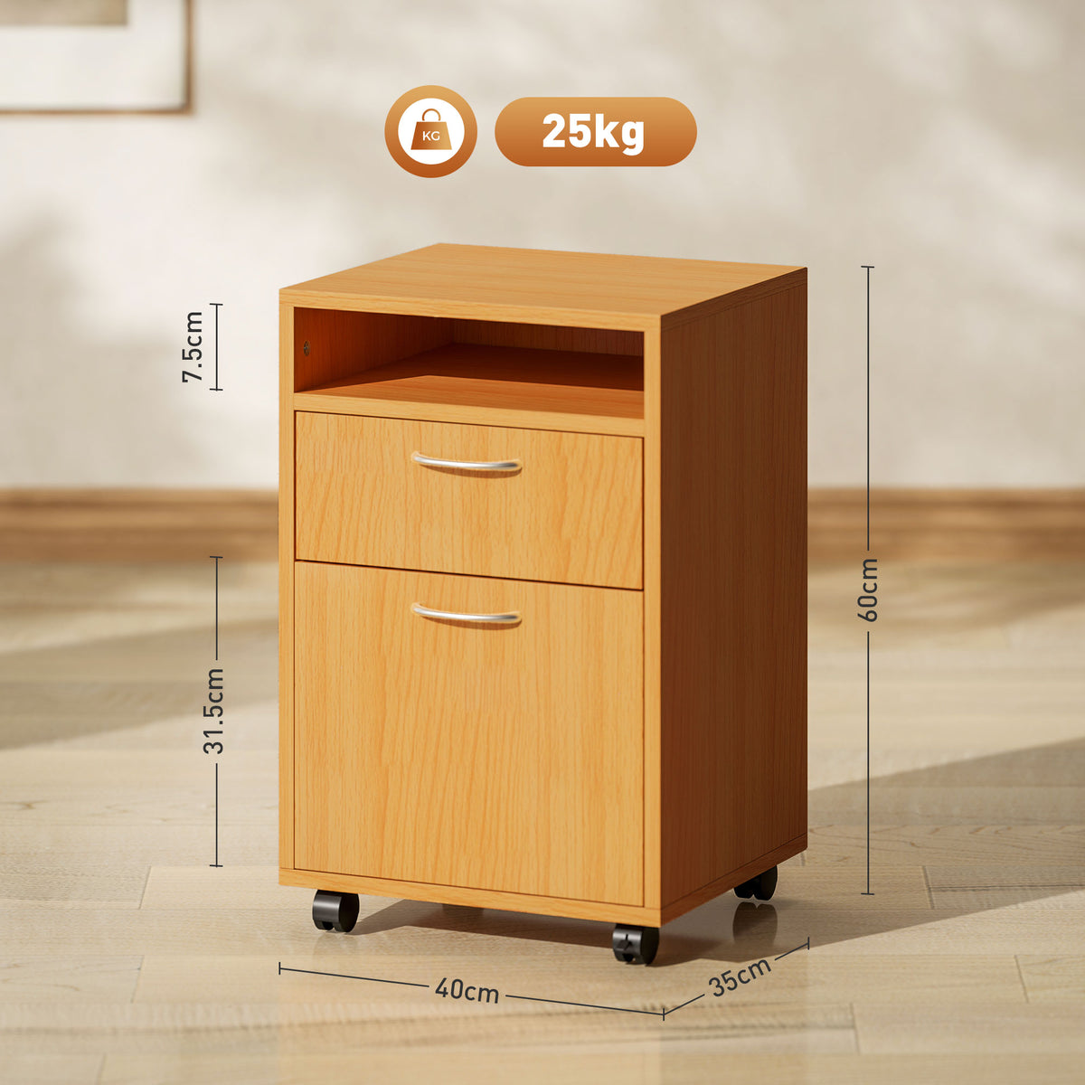 HOMCOM Filing Cabinet, Mobile File Cabinet with 2 Lockable Drawers, Office Home Organiser on Wheels for A4, Letter-Size File Folders, Mobile Printer with Open Shelf, Natural Wood Finish