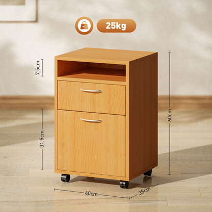 HOMCOM Filing Cabinet, Mobile File Cabinet with 2 Lockable Drawers, Office Home Organiser on Wheels for A4, Letter-Size File Folders, Mobile Printer with Open Shelf, Natural Wood Finish