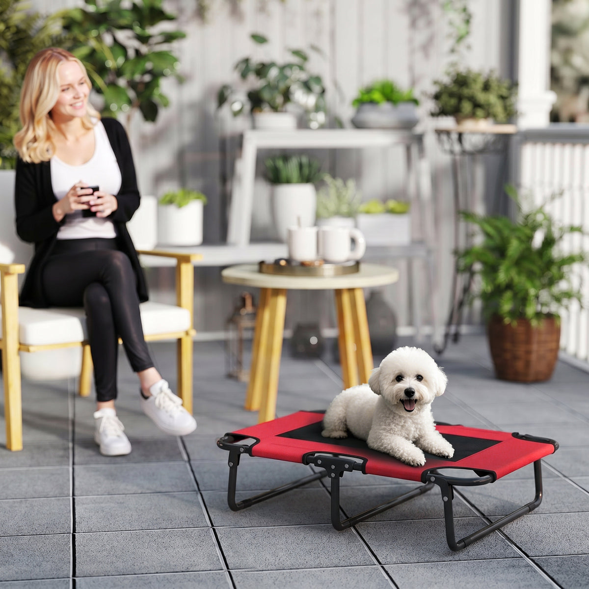 PawHut Portable Raised Dog Bed, Elevated Pet Cot with Breathable Mesh for Indoor Outdoor, for Small Medium Dogs, Red