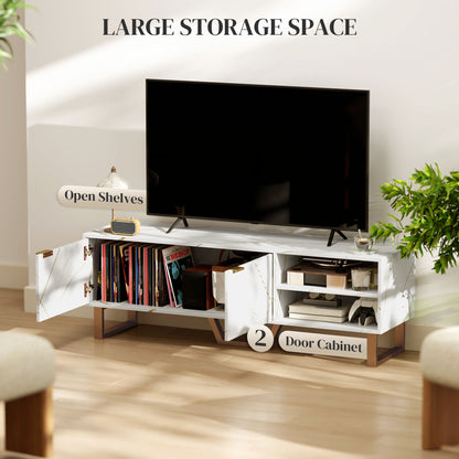 HOMCOM Marble Effect TV Unit, Modern TV Stand Cabinet for up to 70" TVs, with Shelves and Storage Cupboard, Fluted Door, Extra Centre Leg, Cable Management for Living Room, White
