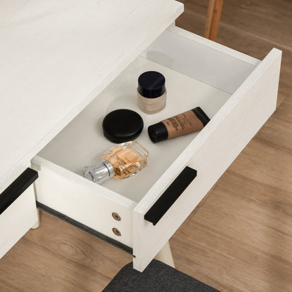 HOMCOM Modern Dressing Table with Round Mirror and Stool, Makeup Vanity Table with 2 Drawers for Bedroom, Living Room, 80 x 40 x 123 cm, White