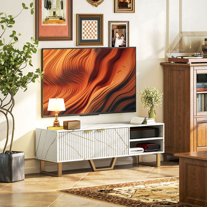 HOMCOM Marble Effect TV Unit, Modern TV Stand Cabinet for up to 70" TVs, with Shelves and Storage Cupboard, Fluted Door, Extra Centre Leg, Cable Management for Living Room, White