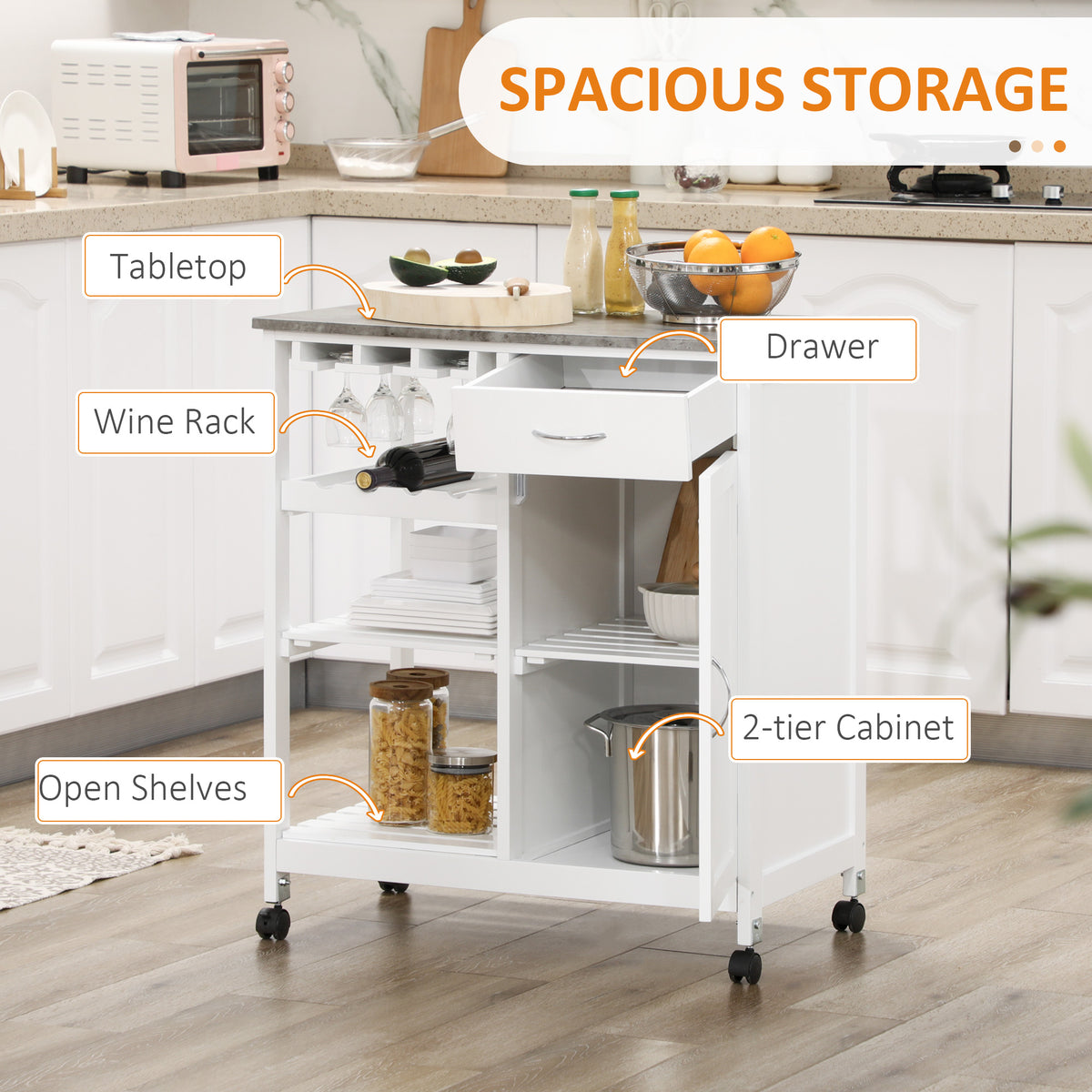 HOMCOM Kitchen Trolley with Wine Rack, Drawer, Open Shelf and Storage Cabinet for Dining Room, White