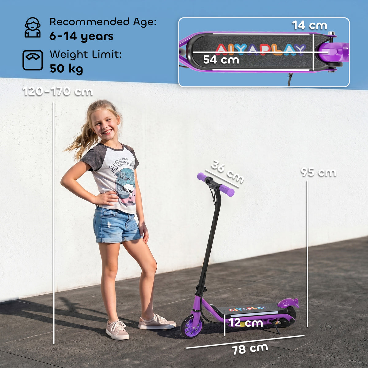 AIYAPLAY Electric Scooter for Kids Aged 6-14 Years, with Colourful Lights, Purple