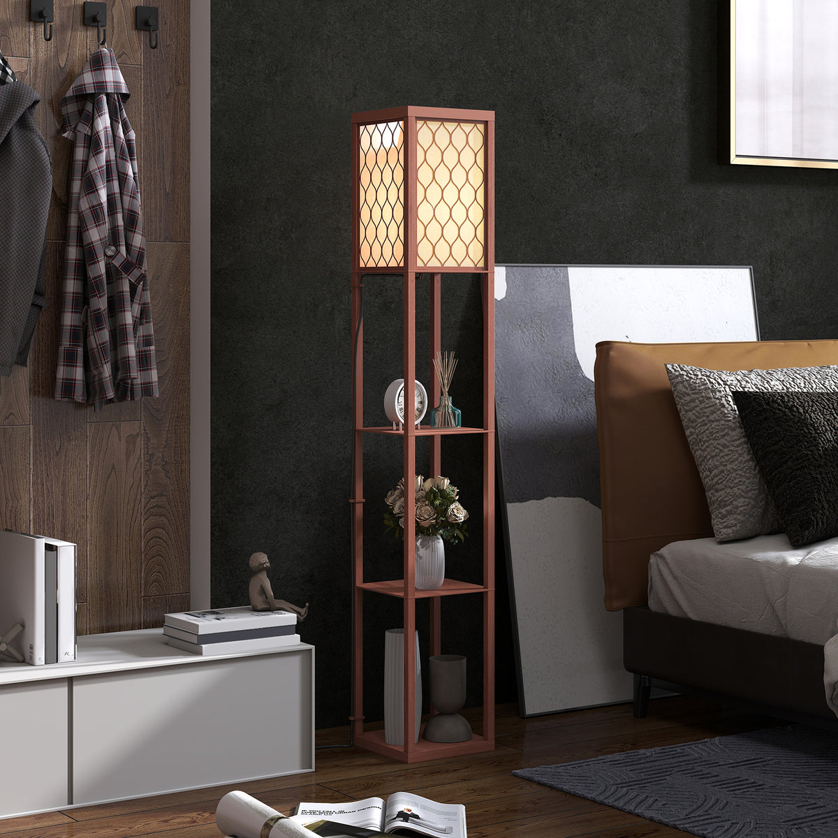 HOMCOM Three-Shelf Standing Lamp - Brown/White