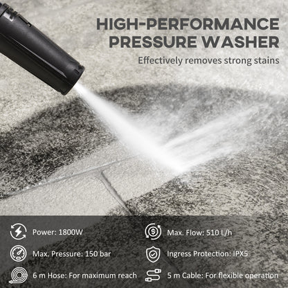 DURHAND 1800W High Pressure Washer, 150 Bar Pressure, 510 L/h Flow, High-Performance Portable Power Washer Jet Wash Cleaner with 6M Hose, Snow Foam Bottle for Garden, Car, Furniture, Yellow