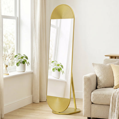 HOMCOM 50 x 161 cm Wavy Full Length Mirror, Free Standing Mirror with Metal Frame and Solid Base, Gold Tone