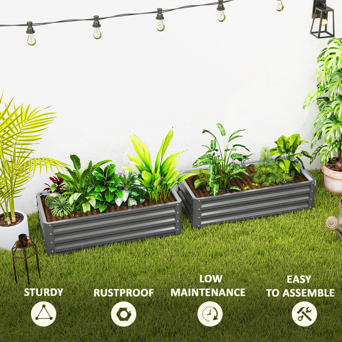 Outsunny Set of Two 110 x 50cm Steel Planter Boxes -  Light Grey
