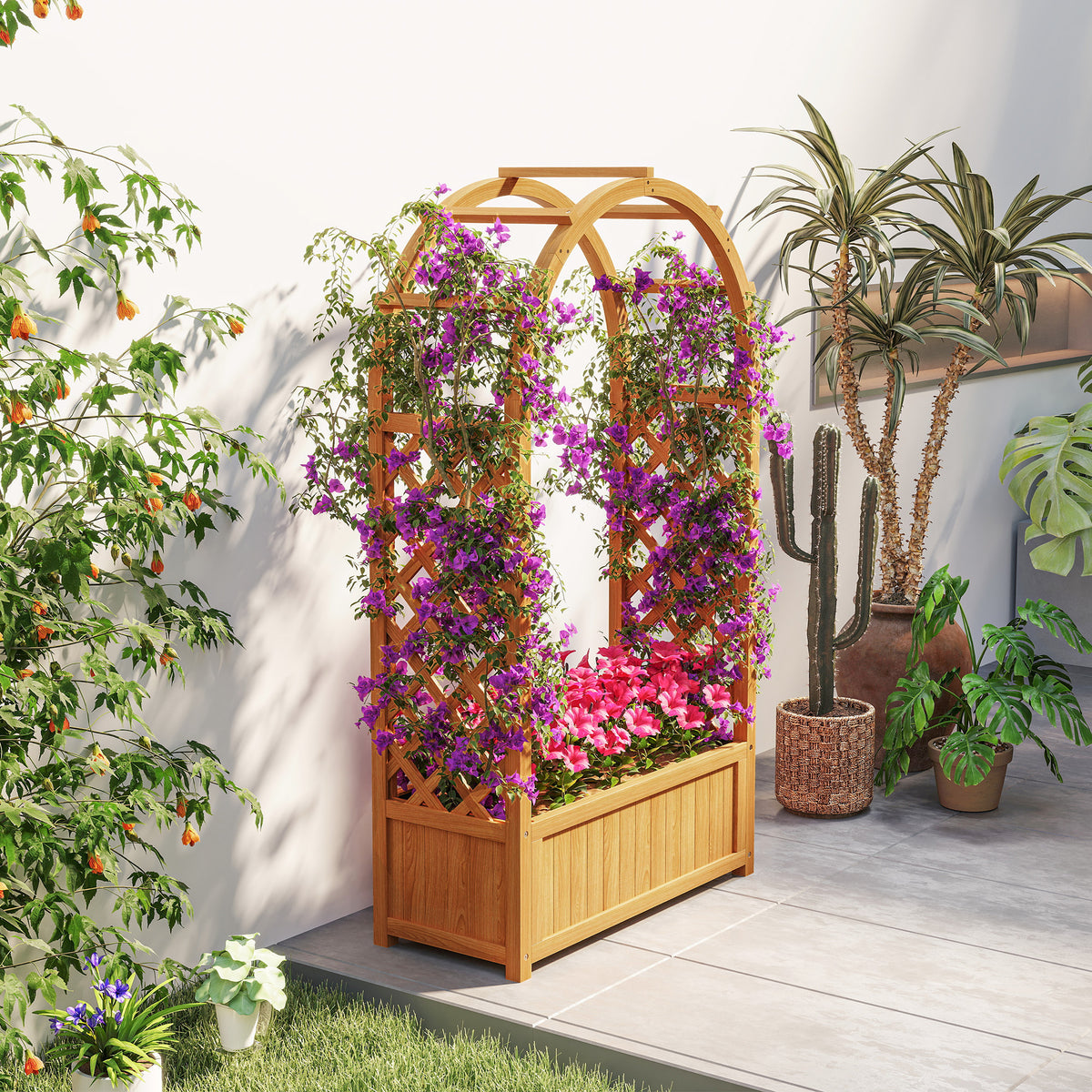 Outsunny Wooden Raised Garden Bed with Trellis, Liner, Drainage Holes, for Vine Climbing Plants, Flowers, 83 x 36 x 145 cm