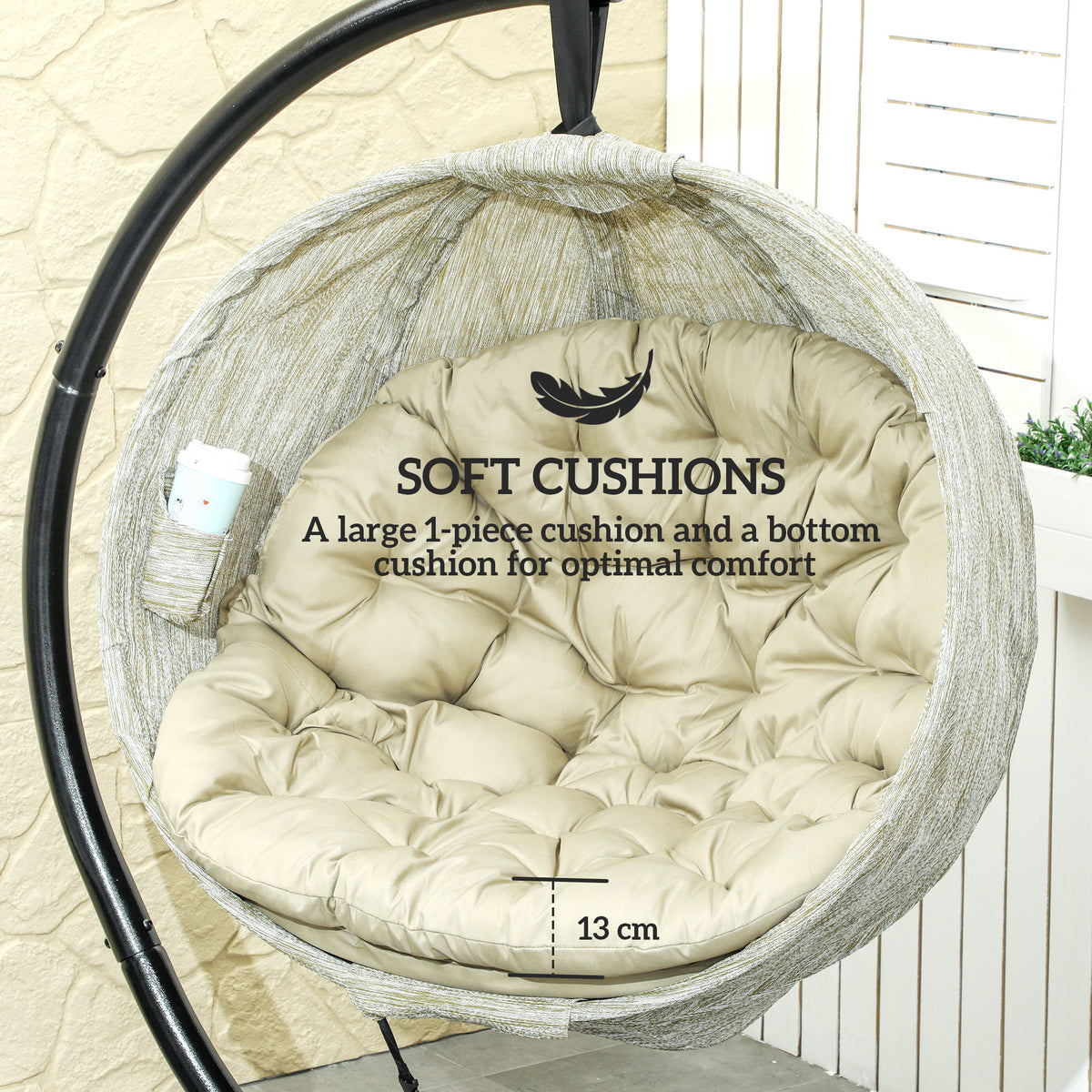 Outsunny Hanging Egg Chair Outdoor Indoor Garden Swing Chair with Folding Basket, Thickened Cushion, Cup Holder for Patio, Balcony, Khaki