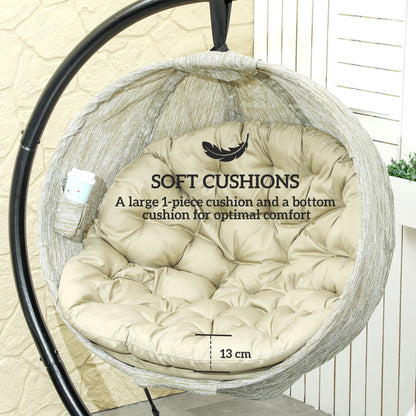 Outsunny Hanging Egg Chair Outdoor Indoor Garden Swing Chair with Folding Basket, Thickened Cushion, Cup Holder for Patio, Balcony, Khaki