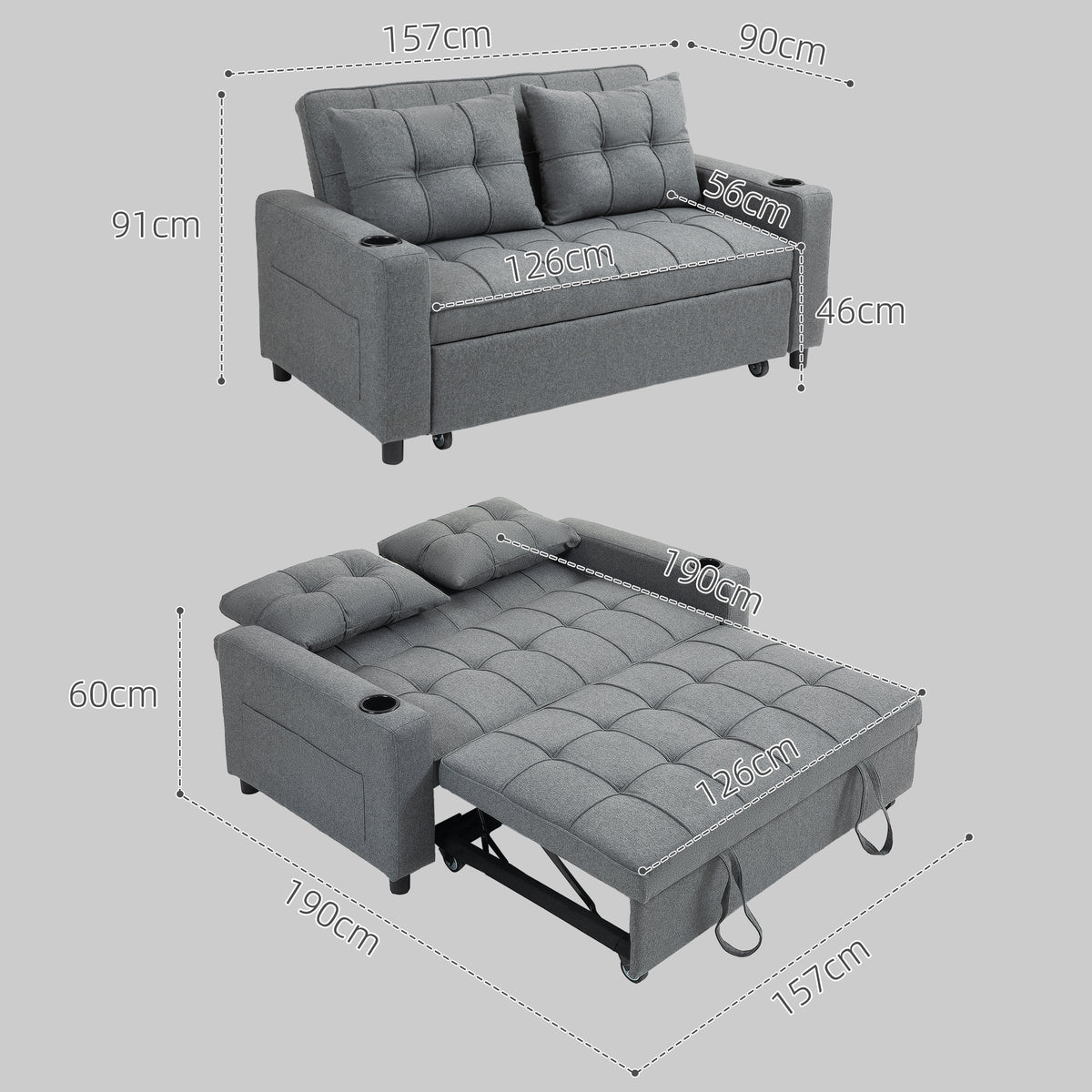 HOMCOM 2 Seater Sofa Bed Pull-Out Sofa Bed with 3-position adjustable backrest - Charcoal Grey
