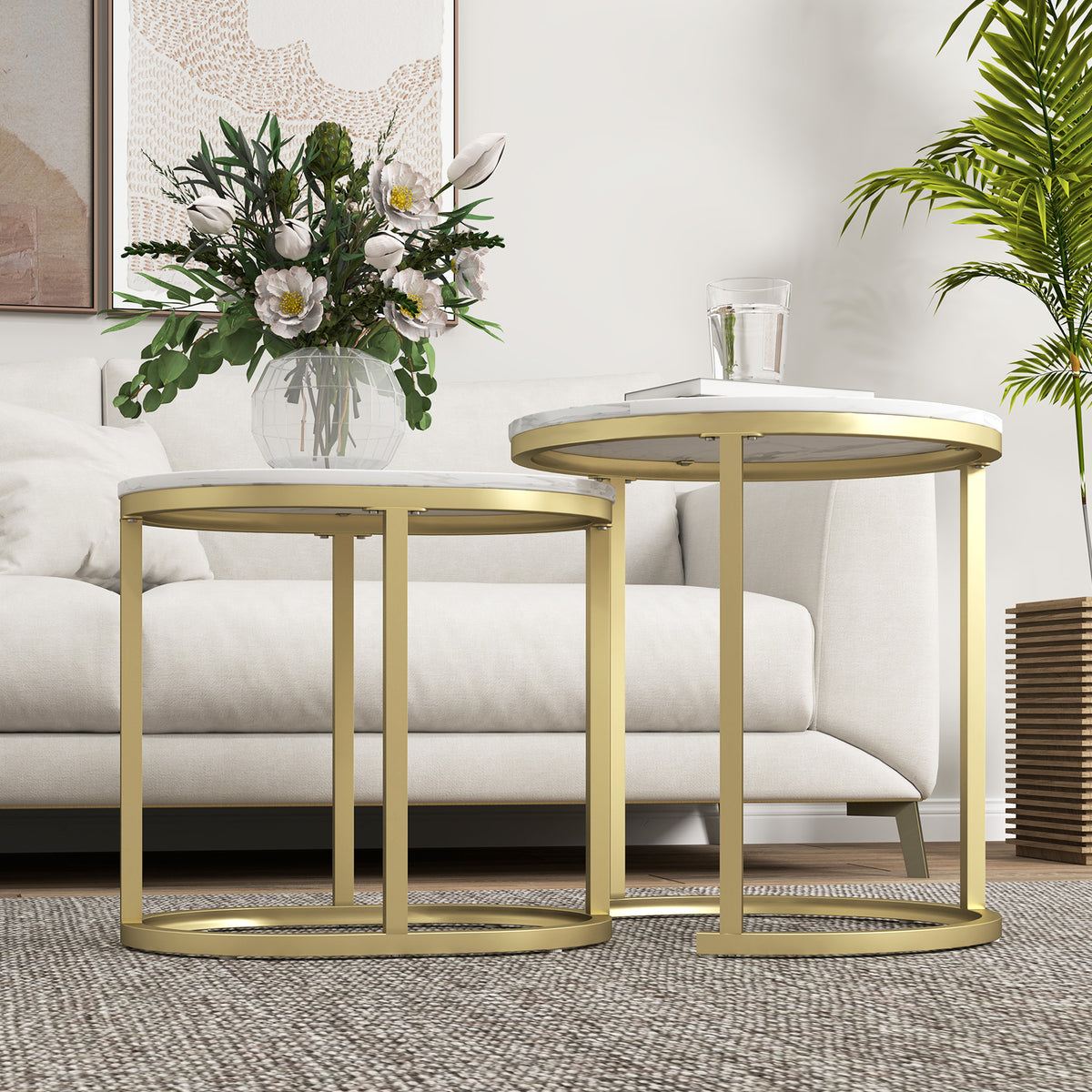 HOMCOM Nest of Tables with Steel Frame and Faux Marble Tabletop, Modern Coffee Table Set of 2, Gold Tone/White
