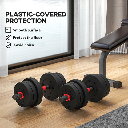 HOMCOM 20kg 2 IN 1 Adjustable Dumbbells Weight Set, Dumbbell Hand Weight Barbell for Body Fitness, Lifting Training for Home, Office, Gym, Black
