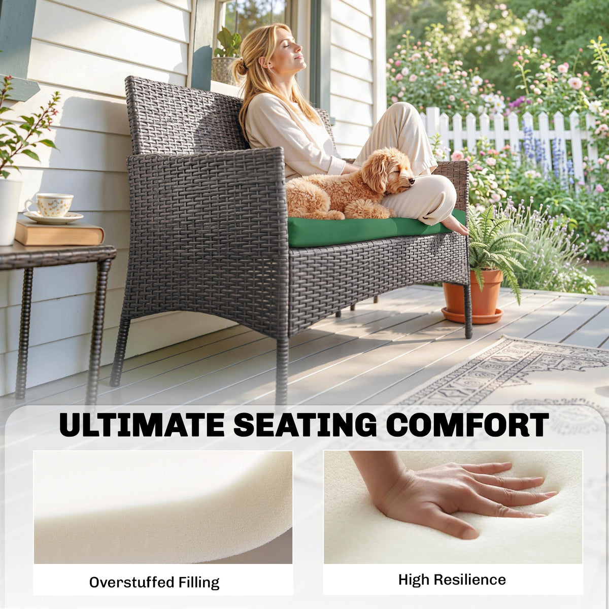 Outsunny Outdoor Seat Cushion Pads for Rattan Furniture, 3 PCs Garden Furniture Cushions, Green