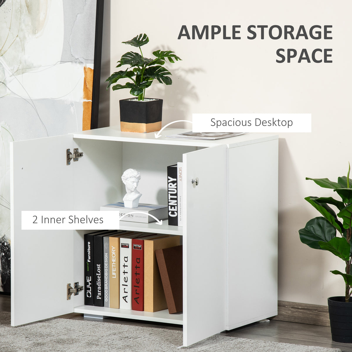 HOMCOM 2 Tier Bookcase, Wooden Storage Cabinet with 2 Doors, Freestanding Sideboard for Living Room, Home Office and Study, White