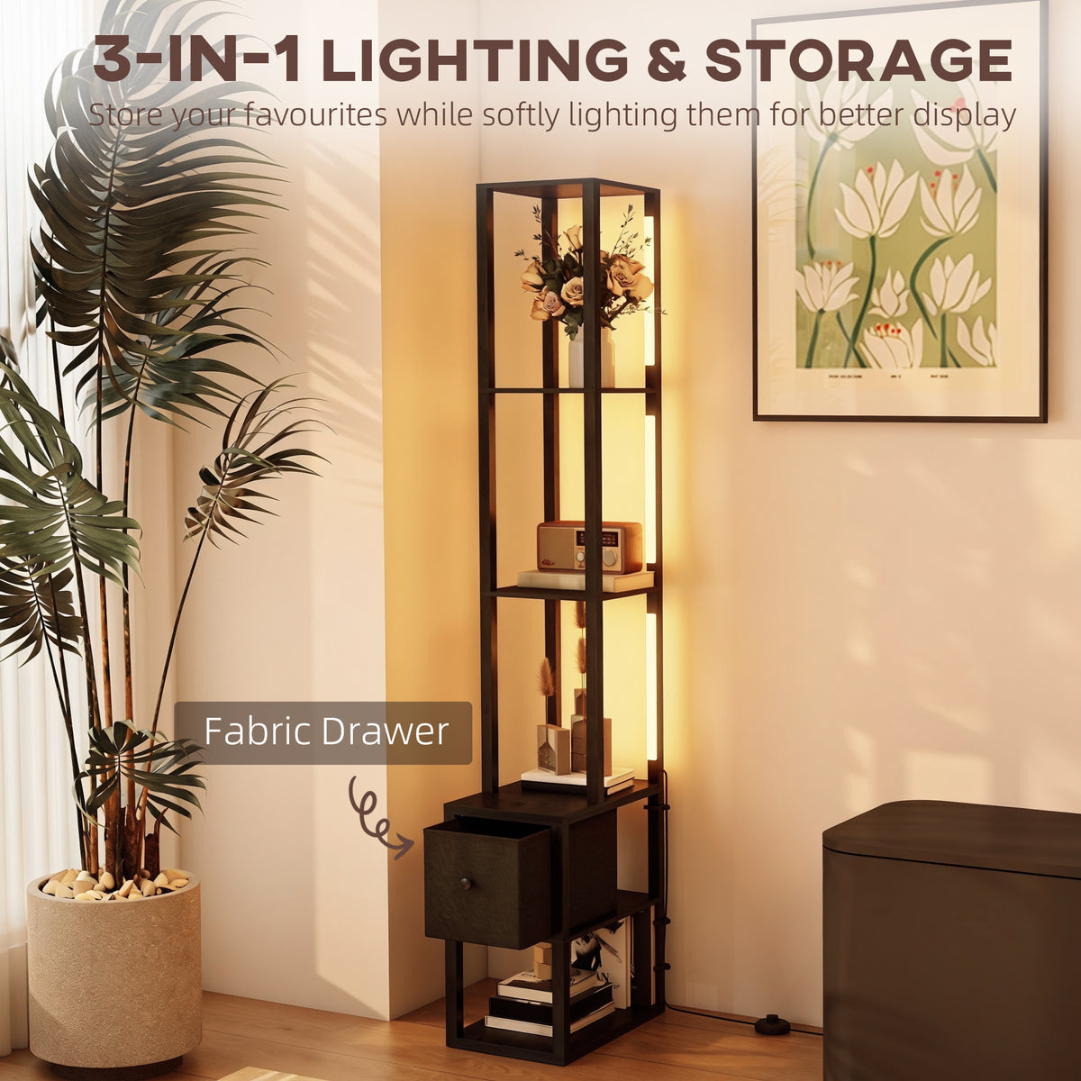 HOMCOM Floor Lamp with Shelves, LED Column Modern Standing Lamp with Fabric Drawer, Adjustable Brightness, Foot Switch for Living Room, Bedroom, Office, Black