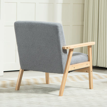 HOMCOM Modern Armchair, Sherpa Fleece Upholstered Accent Chair with Solid Wood Legs and Wide Seat, Padding Lounge Chair for Living Room Bedroom Office, Grey