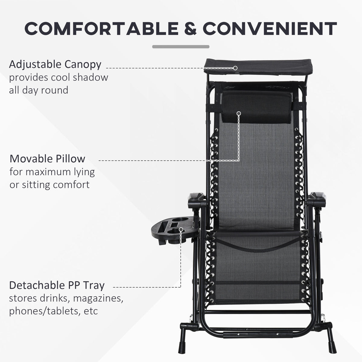 Outsunny Garden Rocking Chair Folding Recliner Outdoor Adjustable Sun Lounger Rocker Zero-Gravity Seat with Headrest Side Holder Patio Deck - Black