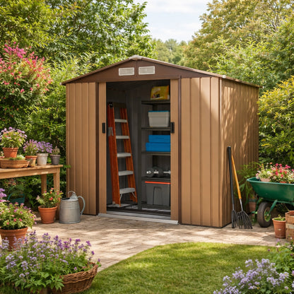 Outsunny 7 x 4ft Lockable Metal Garden Tool Storage Shed, Outdoor Storage Shed with Foundation and vents, Light Brown
