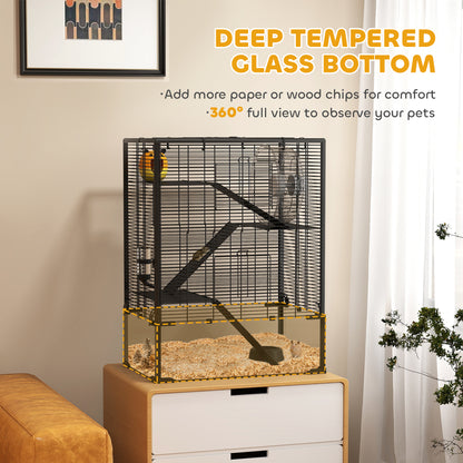 PawHut Four-Tier Hamster Cage with Deep Tempered Glass Bottom, Hut, Running Wheel, Food Dish, Water Bottle, 60 x 40 x 80cm