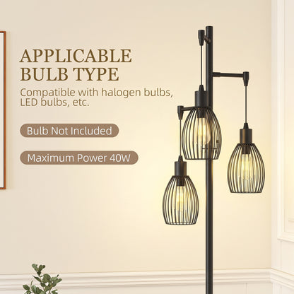 HOMCOM 3-Light Floor Lamp, 170cm Industrial Dimmable Standing Lamp with Steel Wire Cage Lampshades for Living Room, Bedroom, Dining Room, Study, Bulb Not Included, Black