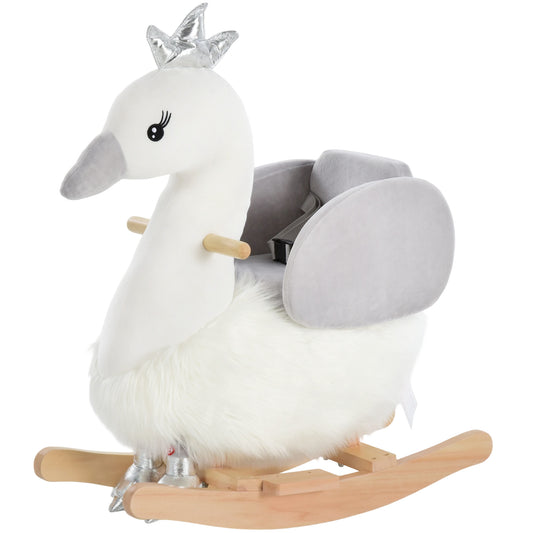 HOMCOM Kids Rocking Horse, Children Plush Ride On Swan Animal Rocker w/ Sound, Wood Base Seat, Seat Belt, Baby Toy Rocker for Toddler 18 - 36 Months, White and Grey