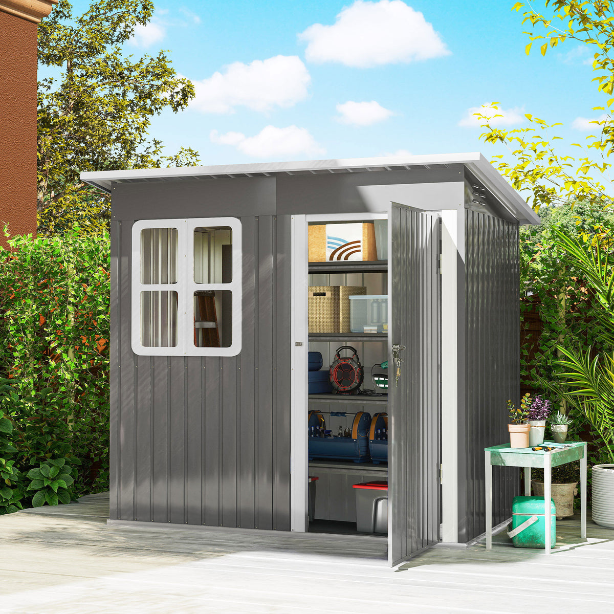 Outsunny 7 x 4ft Eco-friendly Galvanised Steel Garden Shed, with Lock and Gloves, 40kg/㎡ Snow Capacity - Grey