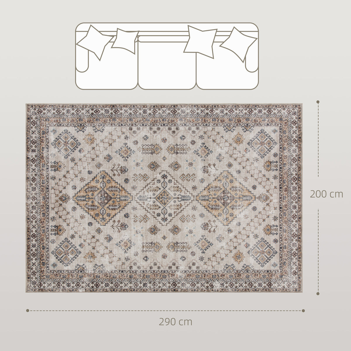 HOMCOM Vintage Area Rug, Non-Slip Washable Rug, Flannel Floor Carpet for Living Room, Bedroom, Dining Room, Home Office, 290 x 200 cm, Beige