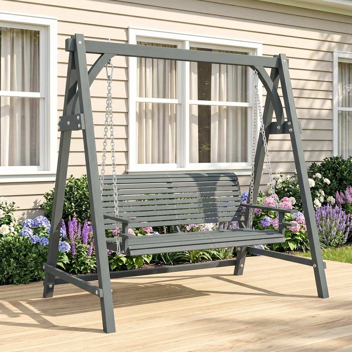 Outsunny 2 Seater Garden Swing Seat, Wooden Swing Chair Bench with Cup Holders for Outdoor Porch Patio, Grey
