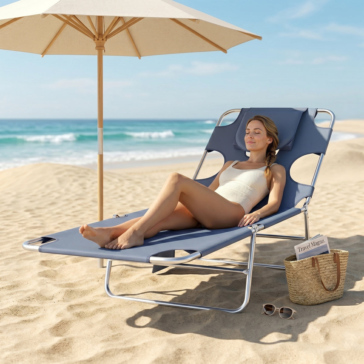 Outsunny 5-Position Adjustable Sun Lounger with Reading Hole and Side Pocket, Grey