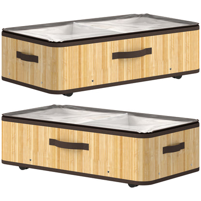 HOMCOM 60L Under Bed Storage with Wheels Pack of 2, Underbed Storage Box with Clear Lid Cover and Reinforced Handle, Natural