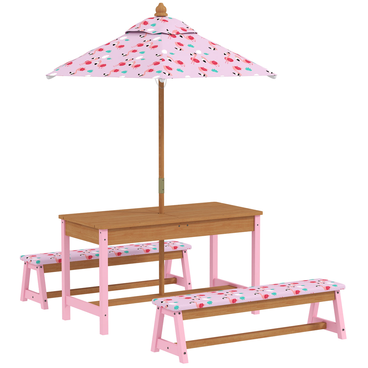 AIYAPLAY Kids Picnic Table Set with Removable & Foldable Umbrella, Storage Boxes, Flamingo Theme, Pink