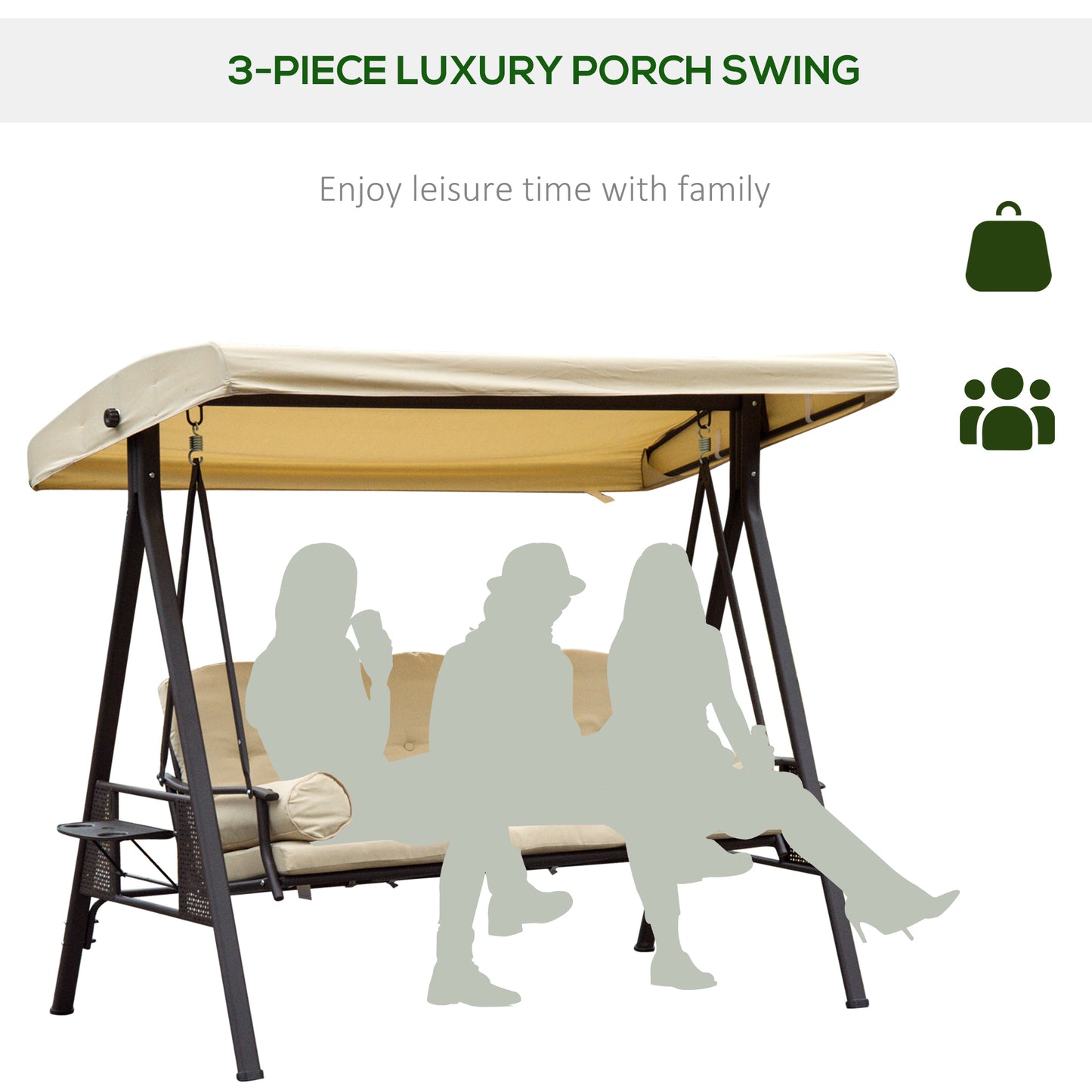 Outsunny 3 Seater Garden Swing Chair Outdoor Hammock Bench W/ Adjustable Canopy, Cushions and Cup Trays