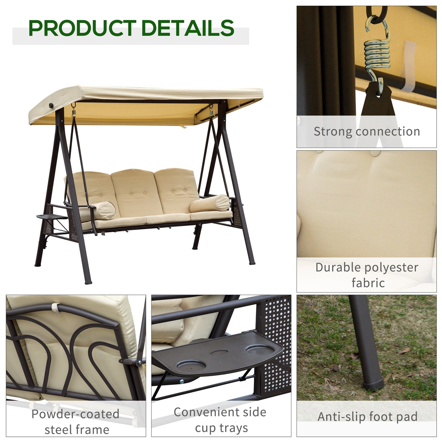 Outsunny 3 Seater Garden Swing Chair Outdoor Hammock Bench W/ Adjustable Canopy, Cushions and Cup Trays