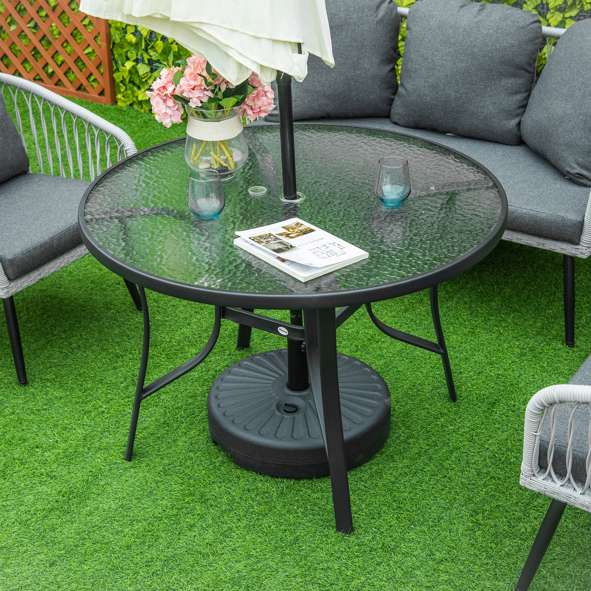 Outsunny 106cm Round Garden Dining Table with Parasol Hole, Tempered Glass Top, Steel Frame