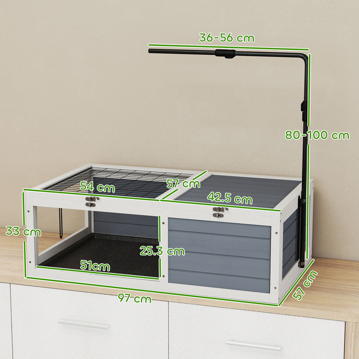 PawHut Tortoise Table with Adjustable Lamp Holder, Wooden Tortoise House w/ Openable Lids, Pull-Out Trays - Grey
