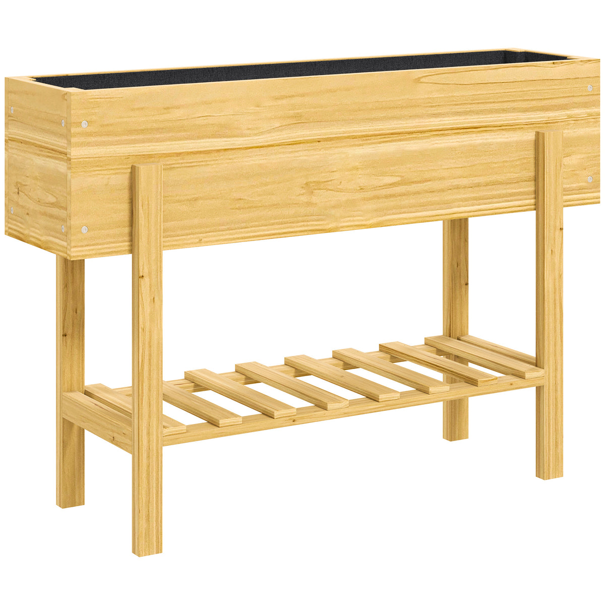 Outsunny Wooden Raised Garden Bed, Elevated Planter Box with Bed Liner, Drainage Holes and Storage Shelf, Raised Planter for Vegetables, Flowers, Herbs, 100 x 30 x 71 cm, Natural Wood Finish
