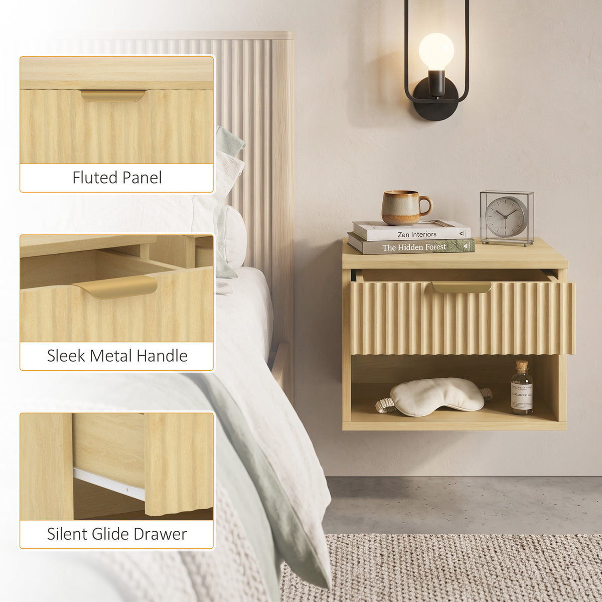 HOMCOM Floating Nightstands Set of 2, Modern Wall-Mounted Bedside Tables with Fluted Drawer and Open Shelf for Bedroom, Oak