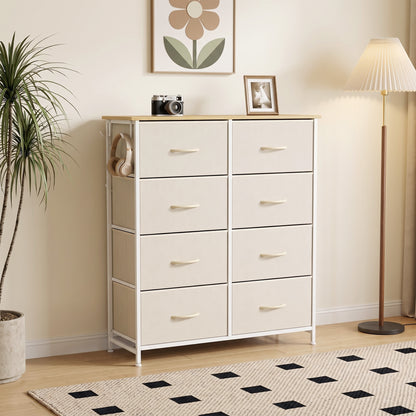 HOMCOM Chest of Drawers, Dresser with 8 Fabric Drawers, Tall Storage Unit with 4 Pockets and 2 Hooks Steel Frame, Beige
