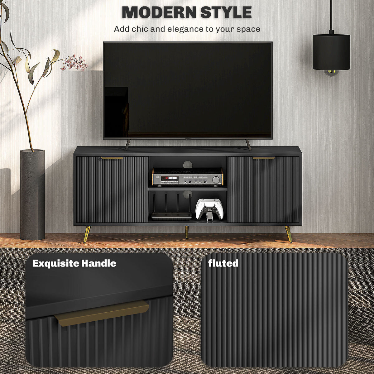 HOMCOM Modern TV Stand Cabinet for TVs up to 55", TV Unit with 2 Open Shelves and 2 Cabinets, Entertainment Centre with Cable Management for Living Room, Black
