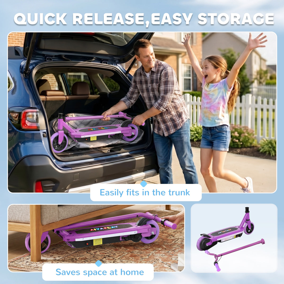AIYAPLAY Electric Scooter for Kids 6-14 Years, with Colourful Lights, Purple