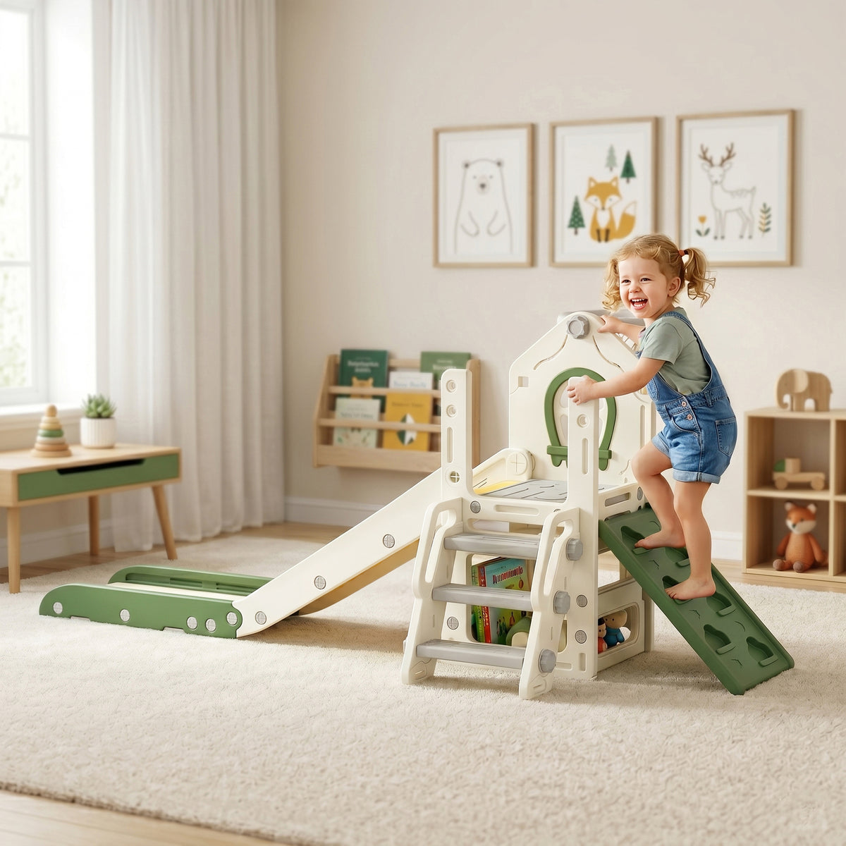 AIYAPLAY Foldable 5 in 1 Toddler Slide with Ladder, Climbing Wall, Basketball Hoop, Storage and Basketball for 1-3 Years, Cream