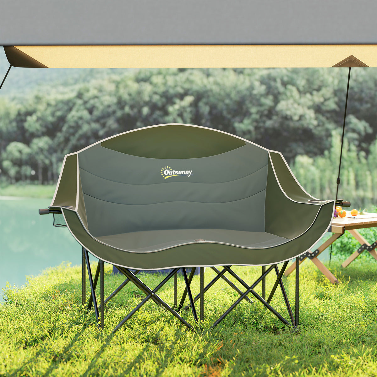 Outsunny Double Camping Chair for Adults with Armrests, Heavy Duty Oversized Padded Folding Chair with Carry Bag, Cup Holders for Outdoor Hiking Picnic Camping Fishing, 250kg Capacity, Green