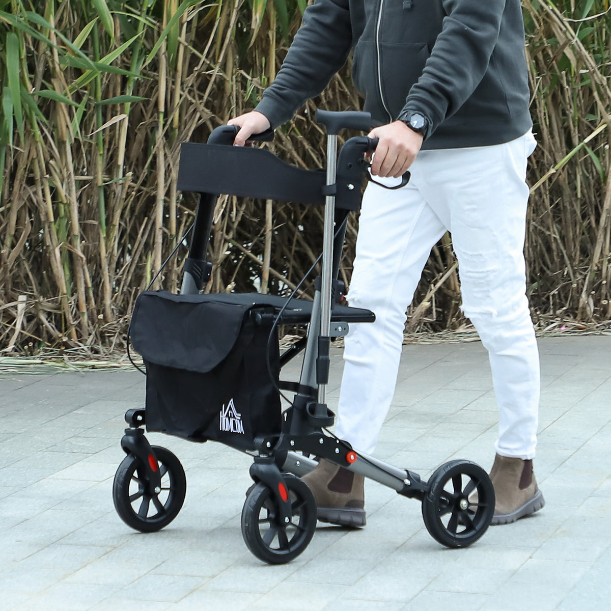 HOMCOM Rollator Walker with Seat, Compact Quick Folding Mobility Walker with 8" Wheels, Carry Bag, Adjustable Height, Cane Holder and Lightweight Aluminium Frame for Seniors and Disabled, Silver