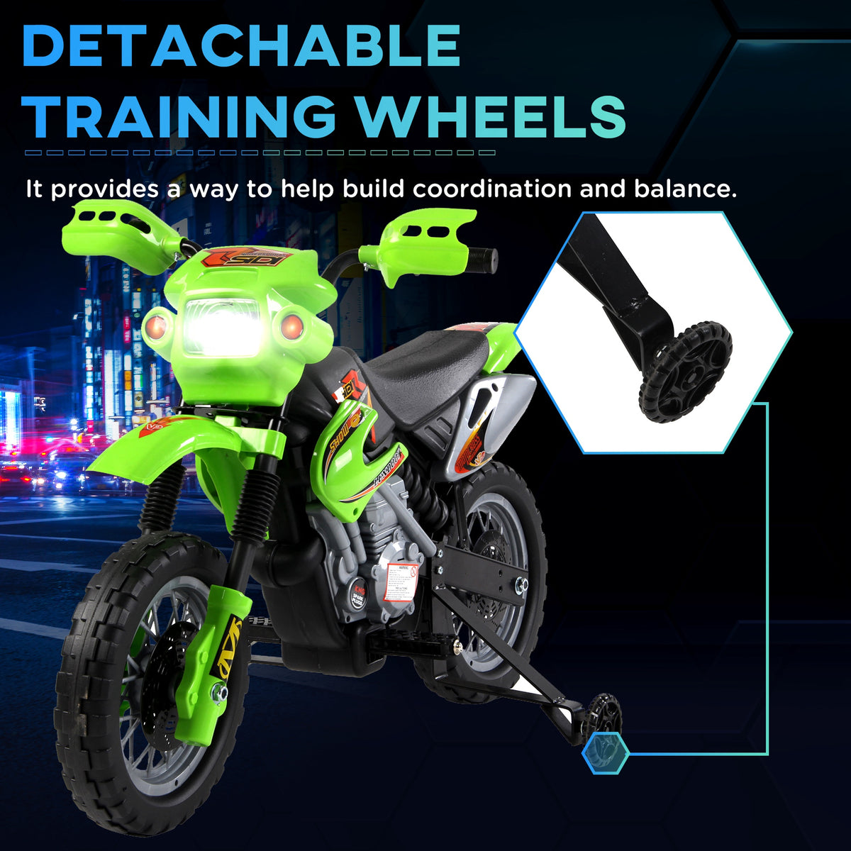 HOMCOM Kids Electric Motorbike, 6V Battery Powered Ride on Motorcycle with Training Wheels, Start-up Button, Pedal, Gift for Boys and Girls Ages 3-6 Years, Green