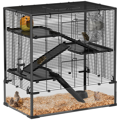 PawHut Four-Tier Hamster Cage with Deep Tempered Glass Bottom, Hut, Running Wheel, Food Dish, Water Bottle, 78.5 x 48.5 x 80cm