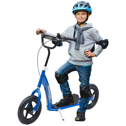 HOMCOM Kids Scooter Kick Scooter, with 12" EVA Tyres, Rear Brake, Big Wheels Scooter for 5-12 Years , Blue