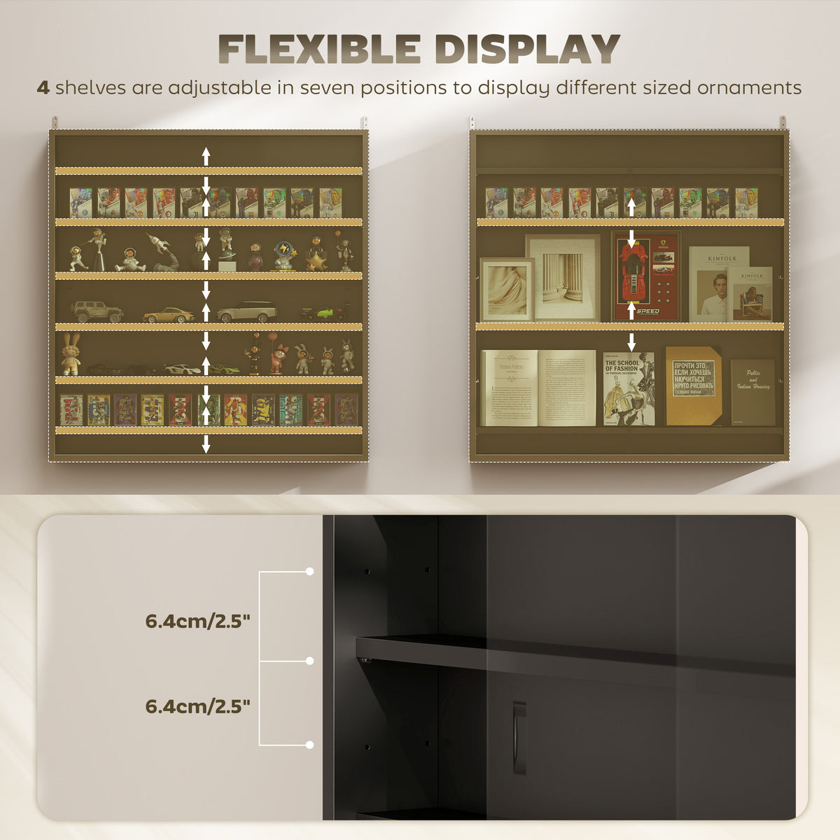 HOMCOM Six Shelf Display Cabinet, with Glass Doors - Black