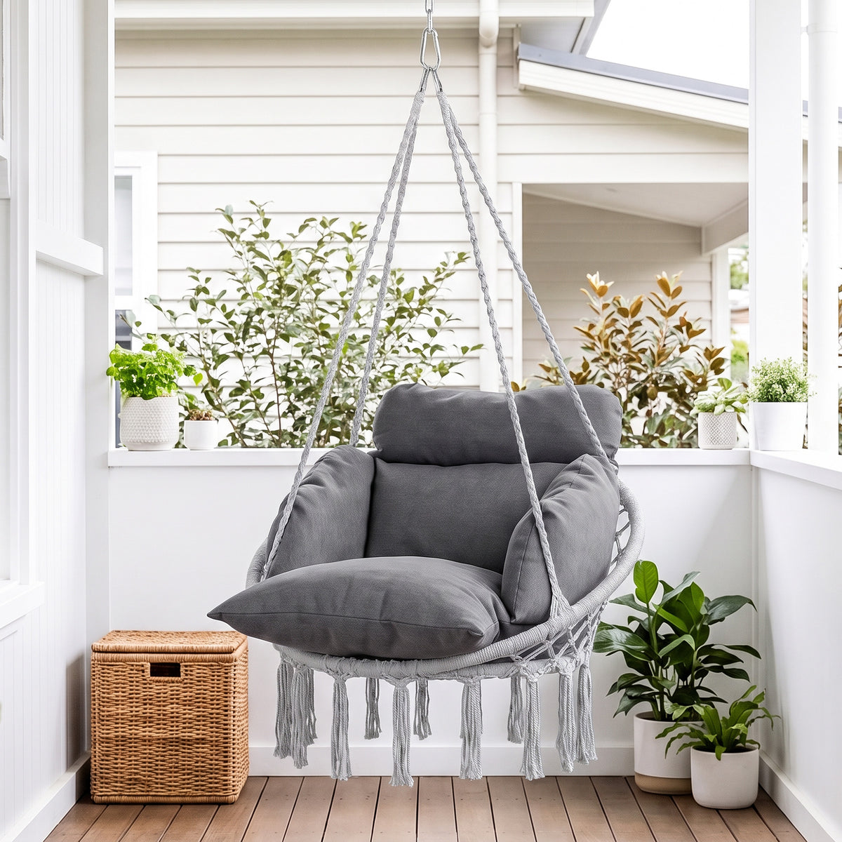 Outsunny Hanging Chair Outdoor Hammock Chair with Soft Cushion, Cotton Rope Boho Style Swing Chair, Hanging Garden Swing Seat for Indoor Outdoor, Dark Grey
